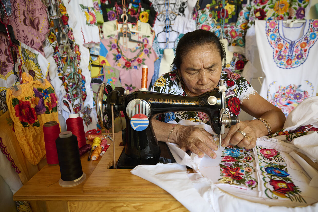 Seamstress working on the traditional Bordado Yucateco